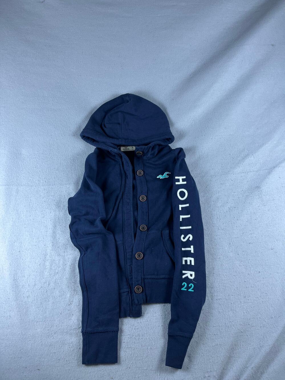 Y2K Hollister Hoodie Womens M Blue Button Up Spellout Embroidered Heavyweight